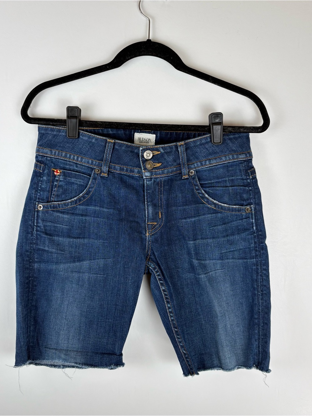 Hudson Denim Cut Off Shorts Womens 28 Blue Raw Hem Dark Wash Bermuda 9” Inseam